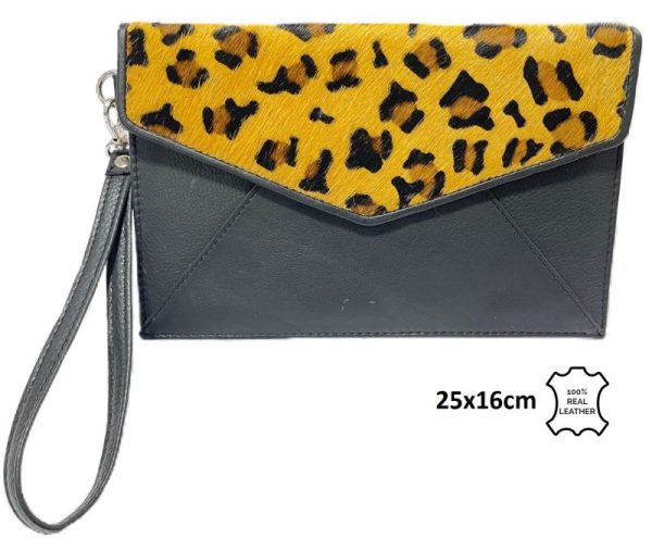 Leather Cowhide Clutch Leopard 25x16cm