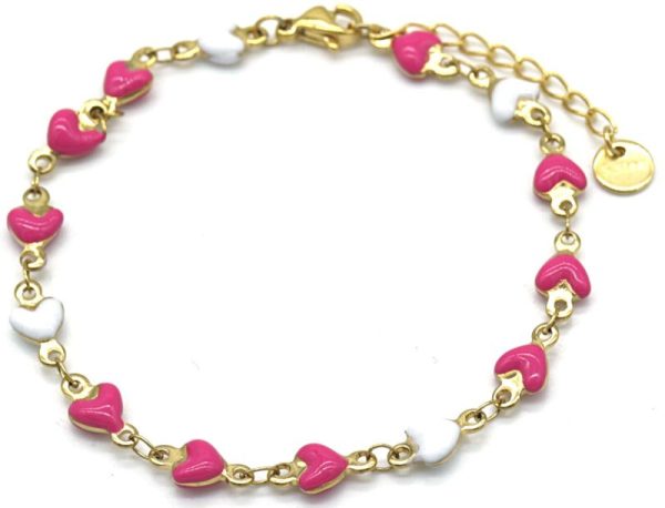 Steel Bracelet Hearts Pink White