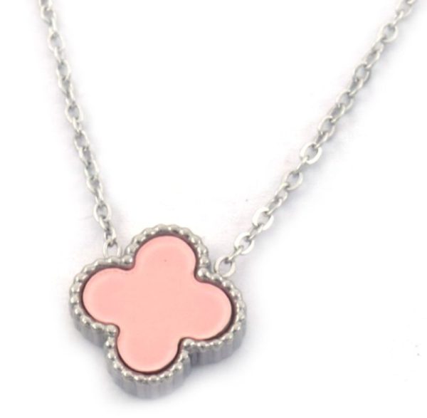 Steel Necklace Clover Pink