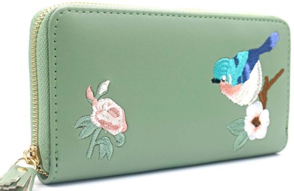 PU Embroidered Wallet 20x11x2.5cm Green